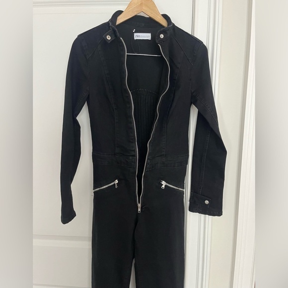 ZARA long sleeve black zip up denim jumpsuit Sz. S NWOT - Picture 6 of 14
